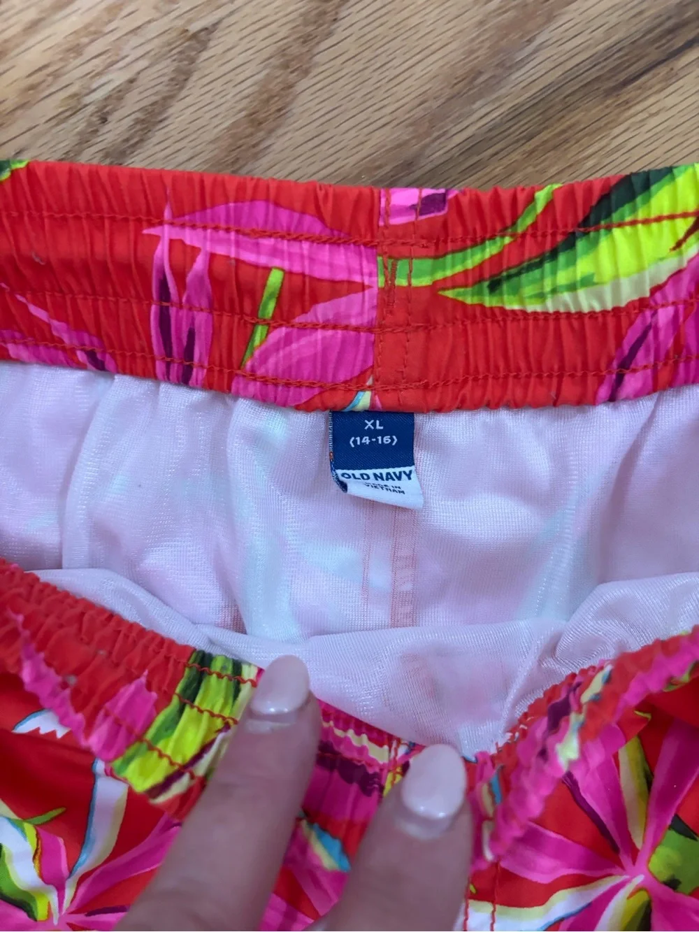 Old Navy Red Swim Trunks with Pink & Lime Floral Print